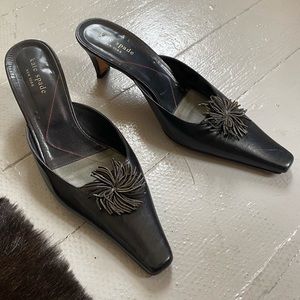 kate spade black vintage Leather Kitten Heel Mules with Pom Detail